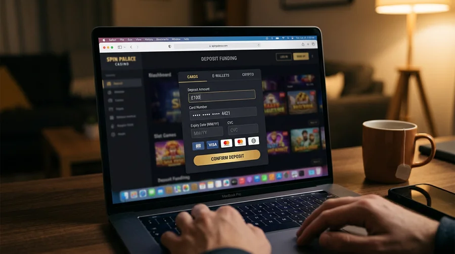 Online casino deposit screen on a laptop with crypto and card options visible