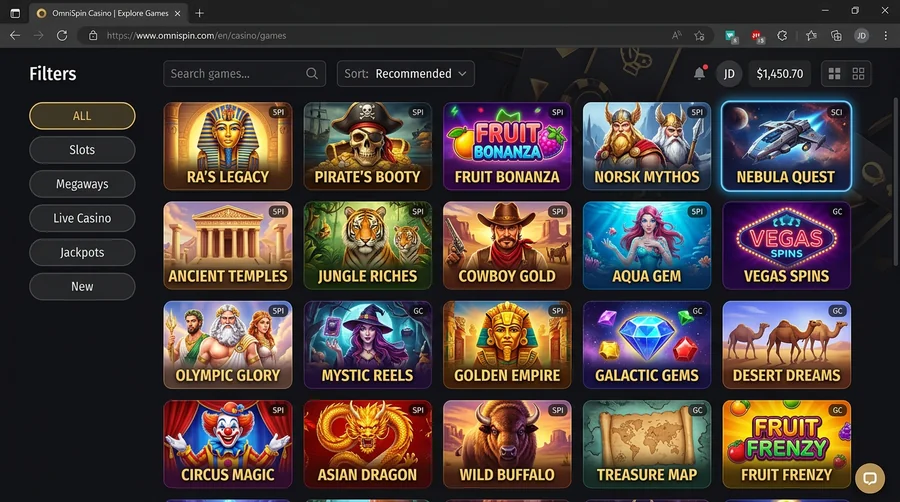 Non-GamStop casino game library grid with slots, megaways, live and jackpot filters