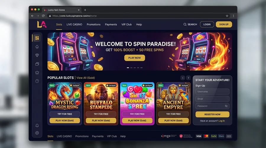 Non-GamStop casino homepage interface with featured slot banner and promotions